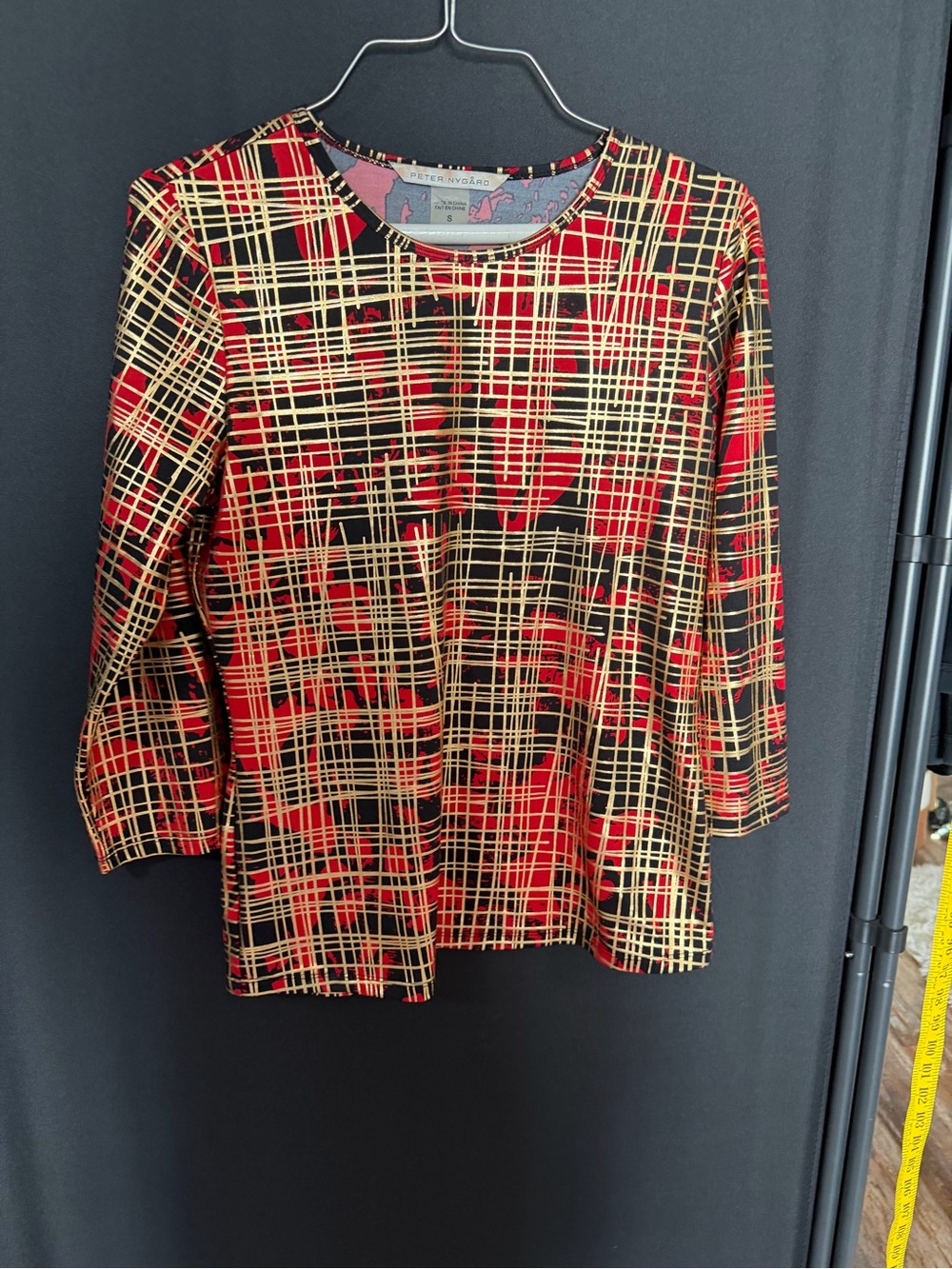 Peter Nygard Red, Black & Gold Grid-Print Long Sleeve Top